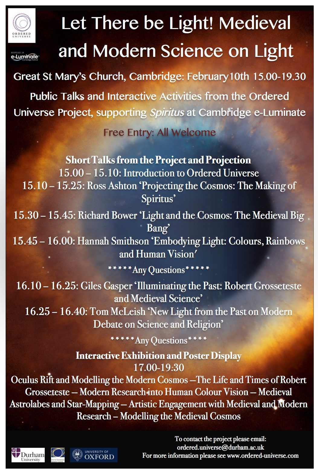 Public Talks and Interactive Activities from the Ordered Universe Project, supporting Spiritus at Cambridge e-Luminate